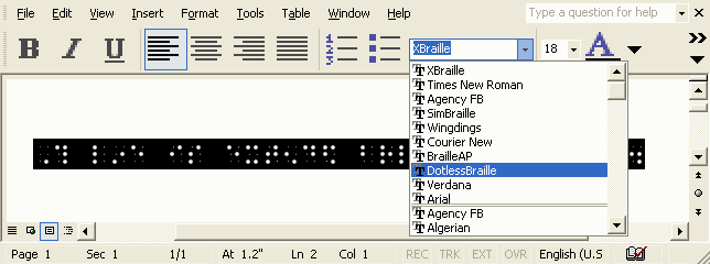Screen capture of changing font to DotlessBraille by selecting a menu item