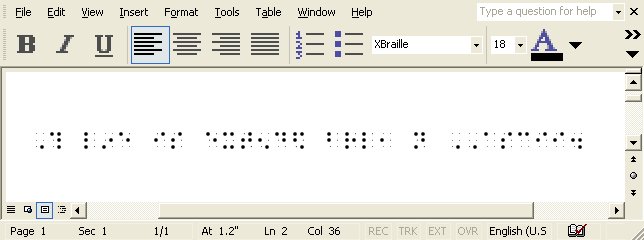 Screen capture of extended braille as inkprint dots